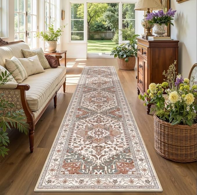 Yamaziot Washable Runner Rug, 2x10 Non-Slip Boho Vintage Hallway Rug Runner with Rubber Backing, Low Pile Faux Wool Distressed Carpet Runner for Bedroom, Kitchen, Laundry, Entrance, Ginger Grey
