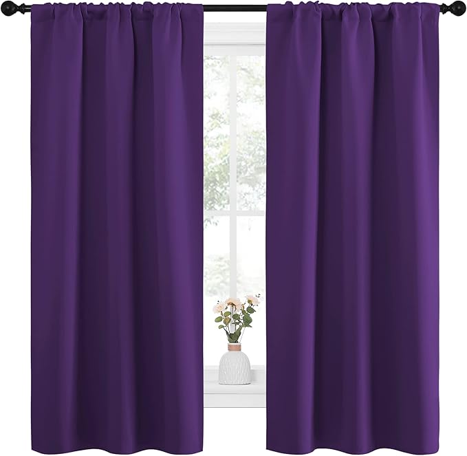 NICETOWN Bedroom Curtain Panels for Kids Room, Triple Weave Home Decoration Thermal Insulated Solid Blackout Curtains & Drapes for Nursery (Set of 2, 34-inch x 63-inch, Royal Purple)