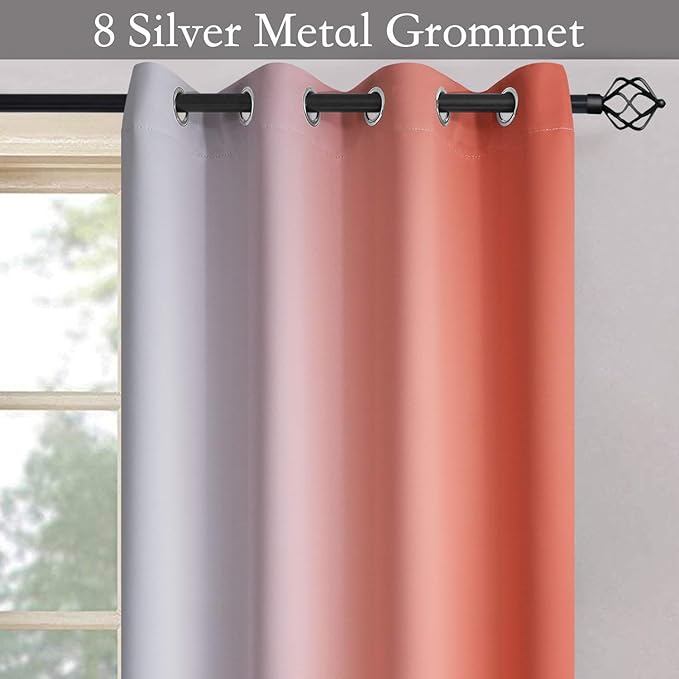 SimpleHome Ombre Room Darkening Curtains for Living Room, Light Blocking Gradient Coral to Greyish White Thermal Insulated Grommet Window Curtains/Drapes for Bedroom, 2 Panels, 52x84 inches Length