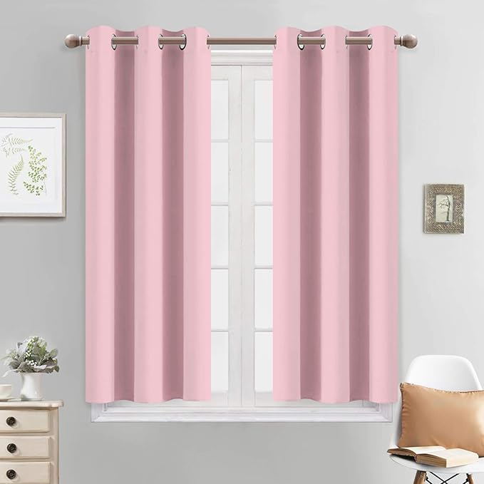 Yakamok Light Blocking Window Blackout Curtains Thermal Insulated Room Darkening Drapes for Bedroom,Solid Grommet Top Window Panels, 38x45 Inch, Pink, One Pair