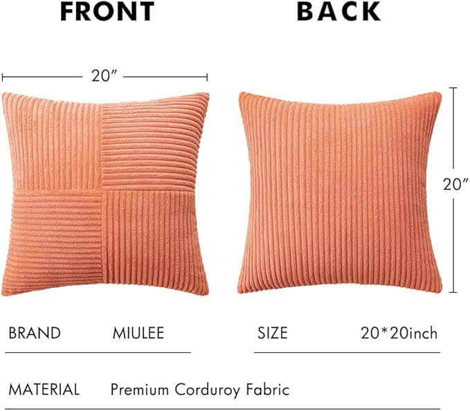 MIULEE Coral Red Decorative Throw Pillow Covers 20x20 Inch for Couch Bed Sofa Pack of 2 Boho Farmhouse Throw Pillows Soft Cross Corduroy Patchwork Textured Cushion Cases