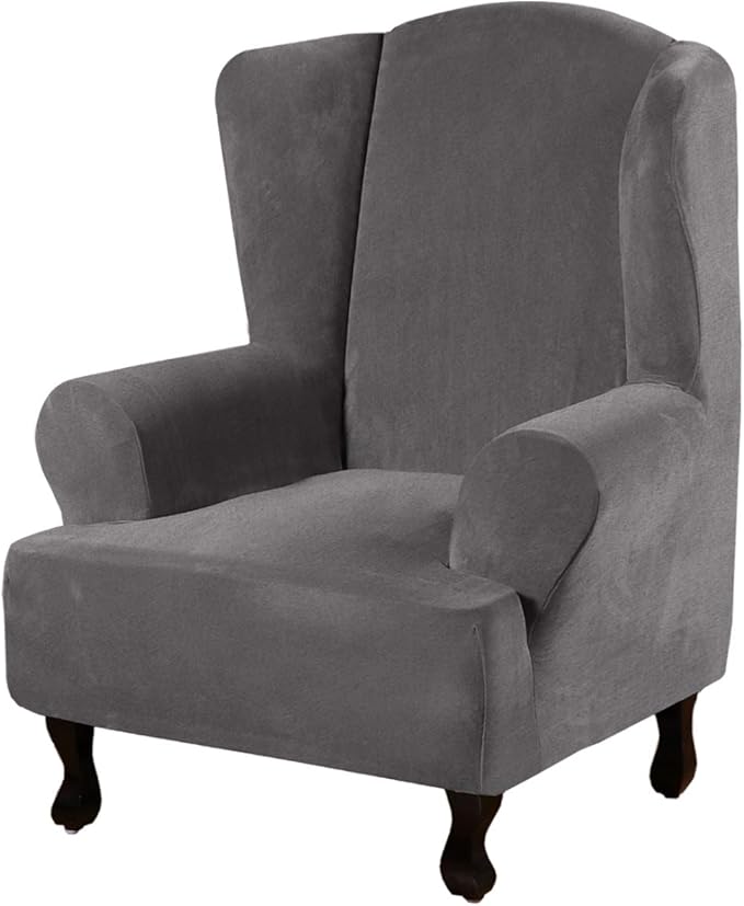 H.VERSAILTEX Wingback Chair Covers Velvet Plush Wing Chair Slipcover 1 Piece High Stretch Wing Back Chair Slipcovers Sofa Cover Furniture Cover with Elastic Bottom, Grey