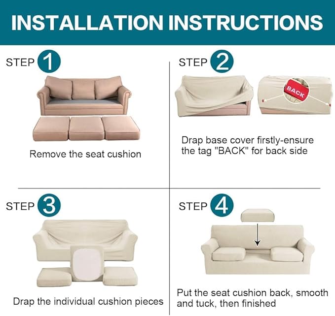 Turquoize 4 Piece Sofa Covers for 3 Cushion Couch Sofa Slipcover Soft Couch Cover for Dogs Washable Furniture Cover with 3 Individual Large Cushion Covers Feature Fabric (Large Sofa, Biscotti Beige)