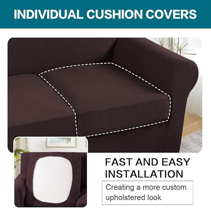 Turquoize 4 Piece Sofa Covers For 3 Cushion Couch Sofa Slipcover Soft Couch Cover For Dogs-Washable Sofa Furniture Covers With 3 Individual Cushion Covers Thick Jacquard Fabric (3 Cushion Sofa, Brown)