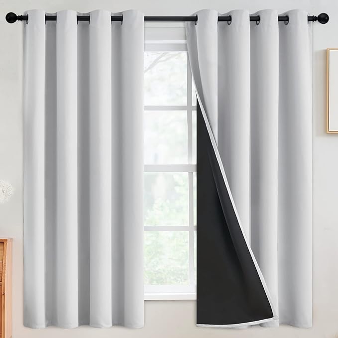 SimpleHome 100% Blackout Curtains for Bedroom,Thermal Insulated Grommet Window Drapes Room Darkening White Curtains for Living Room with Black Back,52 x 63 Inch,2 Panels