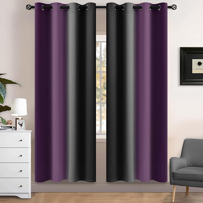 Yakamok Blackout Ombre Purple and Black Curtains for Bedroom, Gradient Room Darkening Curtains, Grommet Thermal Insulated Light Blocking Window Drapes/Curtain for Living Room,52 x 72 Inch,2 Panels