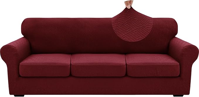 XINEAGE 2026 New 4 Pieces Extra Large Couch Covers for 3 Cushion Sofa Super Stretch Sofa Cover for 3 Large Seat Cushion Universal Fitted Slip Cover for Living Room (Wine Red), 91"-110"(3 Cushions)