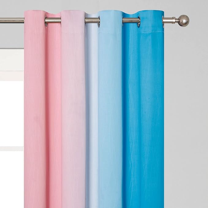 Pink and Blue Blackout Curtains 84 Inches Long,Ombre and Wave Line Pattern Grommet Thermal Insulated Gradient Blackout Curtains for Bedroom,Full Light Blocking Drapes for Kid Room,52x84 Inch,2 Panels