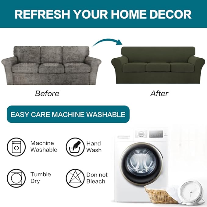 Turquoize 4 Piece Sofa Covers for 3 Cushion Couch Sofa Slipcover Soft Couch Cover for Dogs Washable Furniture Cover with 3 Individual Large Cushion Covers Feature Fabric (Large Sofa, Olive)
