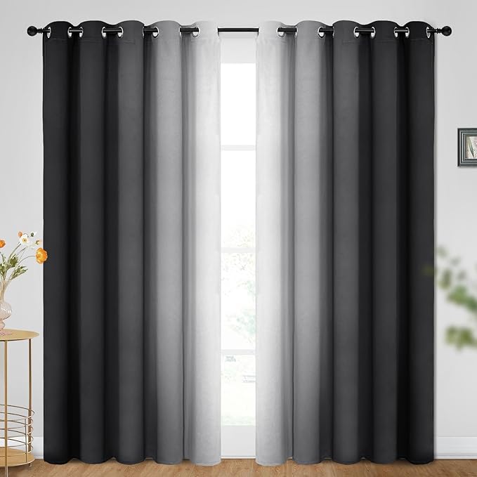 SimpleHome Ombre Room Darkening Curtains for Bedroom, Gradient Black to Grey White Light Blocking Thermal Insulated Grommet Window Curtain/Drapes for Living Room,2 Panels, 70x84 inches Length