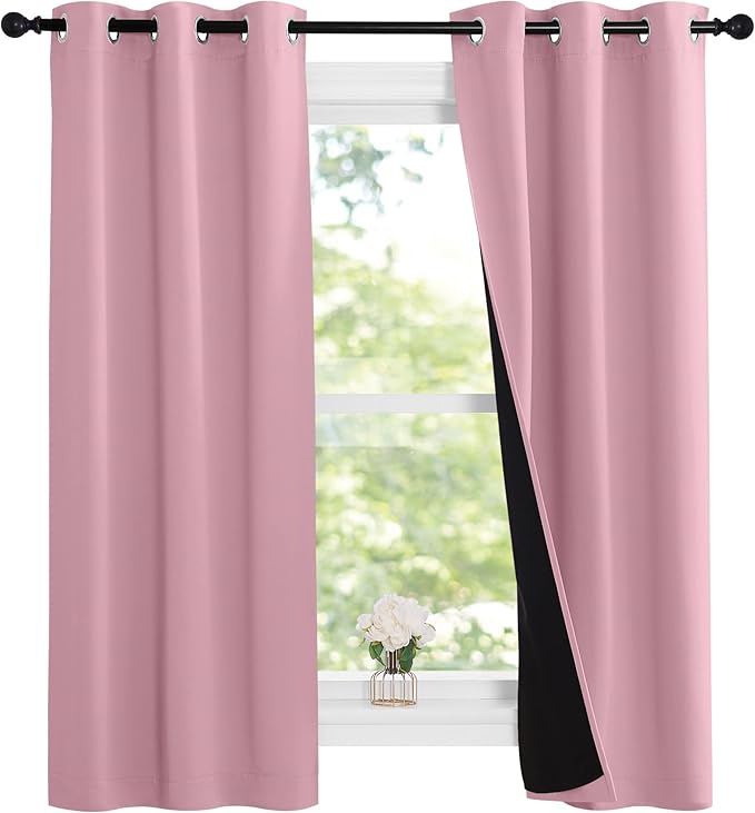 NICETOWN 100% Blackout Short Curtains with Black Liners, 2 Panels, 37"W by 63"L, Crystal Pink, Solid Thermal Insulated Full Blackout 2-Layer Lined Drapes, Energy Efficiency Window Drapes for Bedroom