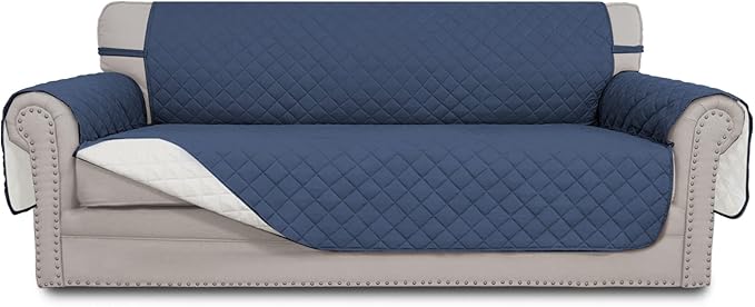 Easy-Going Reversible Oversized Couch Cover for 3 Cushion Couch Sofa Cover for Dogs Water Resistant Furniture Protector Cover with Foam Sticks for Pet (Oversized Sofa, Dark Blue/Ivory)