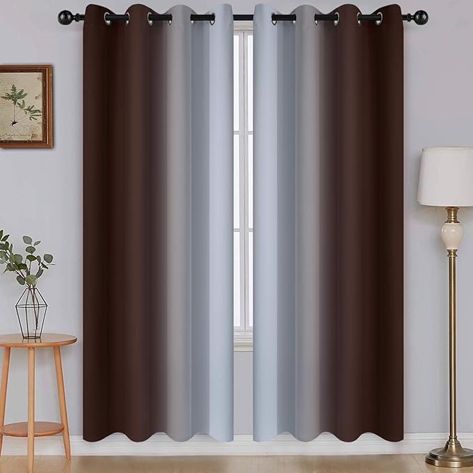 SimpleHome Ombre Room Darkening Curtains for Living Room, Light Blocking Gradient Brown to Greyish White Thermal Insulated Grommet Window Curtains/Drapes for Bedroom, 2 Panels, 52x72 inches Length