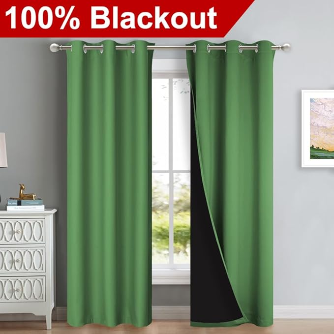 NICETOWN Blackout Curtains 84 inches Long, 2 Pieces, 42" Wide Each Panel, Forest Green, Full Light Blocking Drapes with Black Liner for Nursery, Thermal Insulated Draperies for Hall, Villa