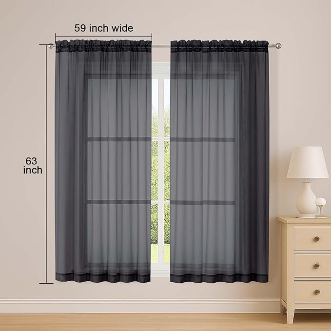 OWENIE Sheer Black Curtains, Sheer Curtains 63 inch Length 2 Panels Set, Rod Pocket Voile Fimly Sheer Drapes for Living Room Bedroom, 2pcs, Black, Each 59" W x 63" L