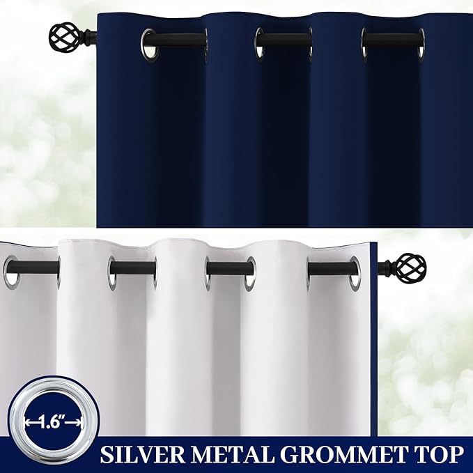 Yakamok 100% Blackout Curtain Panels 84 inches Cold and Light Blocking Drapes for Nursery, 2 Thick Layers Thermal Insulated Draperies (2 Pieces, 50 Wide Each Panel, Navy Blue/White Backing)