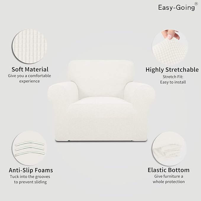 Easy-Going Stretch Chair Sofa Slipcover 1-Piece Couch Sofa Cover Furniture Protector Soft with Elastic Bottom for Kids, Pet. Spandex Jacquard Fabric Small Checks (Chair, Cream)