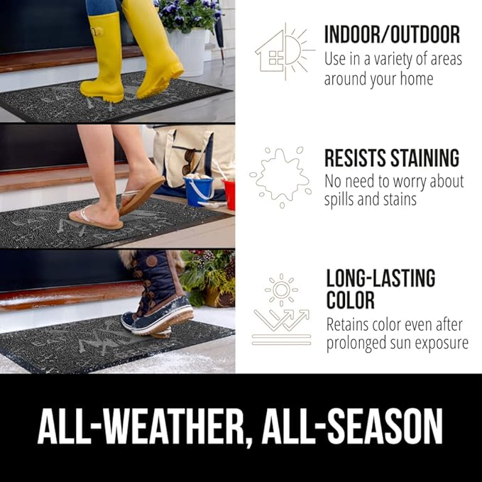 GORILLA GRIP 100% Waterproof All-Season WeatherMAX Doormat 35x23, US Designed Natural Rubber, Stain and Fade Resistant, Low Profile Indoor Outdoor Door Mats, Easy Clean Patio Mat, Graphite Skiing