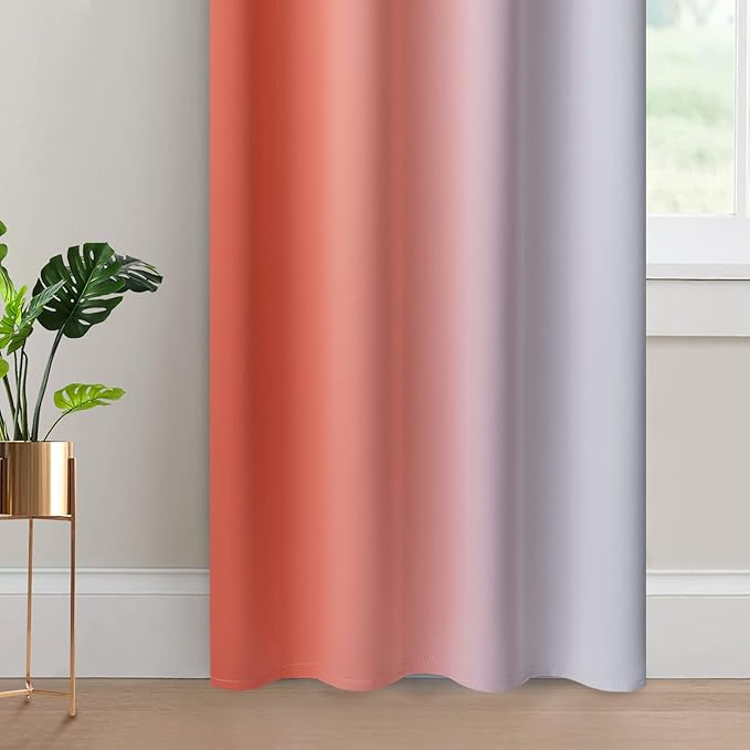 Yakamok Light Blocking Ombre Curtains, Greyish White and Coral Gradient Color Curtains with Grommet,Room Darkening Window Drapes for Bedroom (52x84 Inch, 2 Panels)