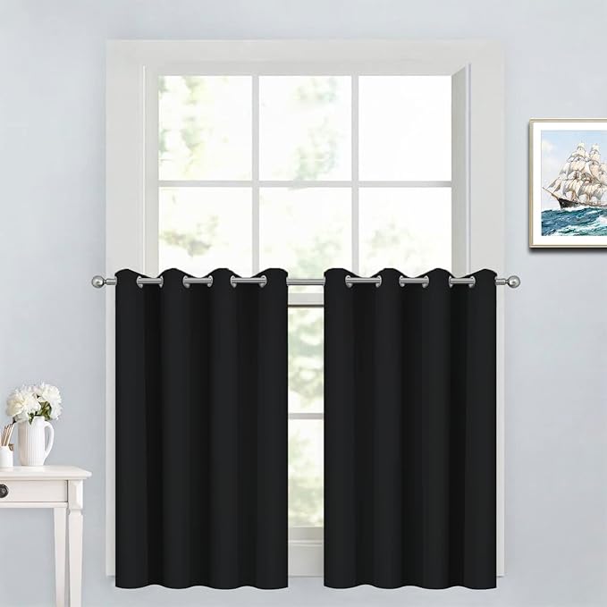 Yakamok Functional Thermal Insulated Eyelet Top Room Darkening Curtain Panels, Energy Efficient Kitchen Grommet Top Curtains for Short Window/Basement (52W by 36L, Black, 2 Panels)