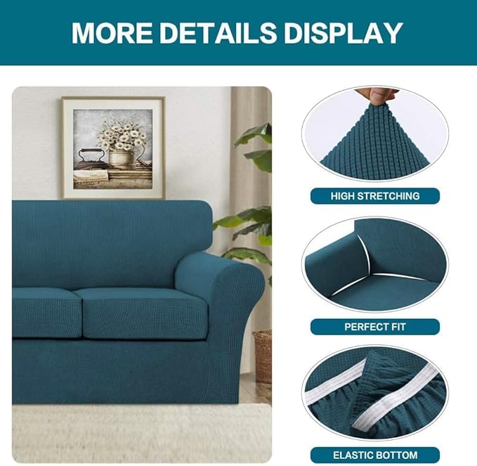 Turquoize 4 Piece Sofa Covers for 3 Cushion Couch Sofa Slipcover Soft Couch Cover for Dogs Washable Furniture Cover with 3 Individual Large Cushion Covers Feature Fabric (Large Sofa, Deep Teal)