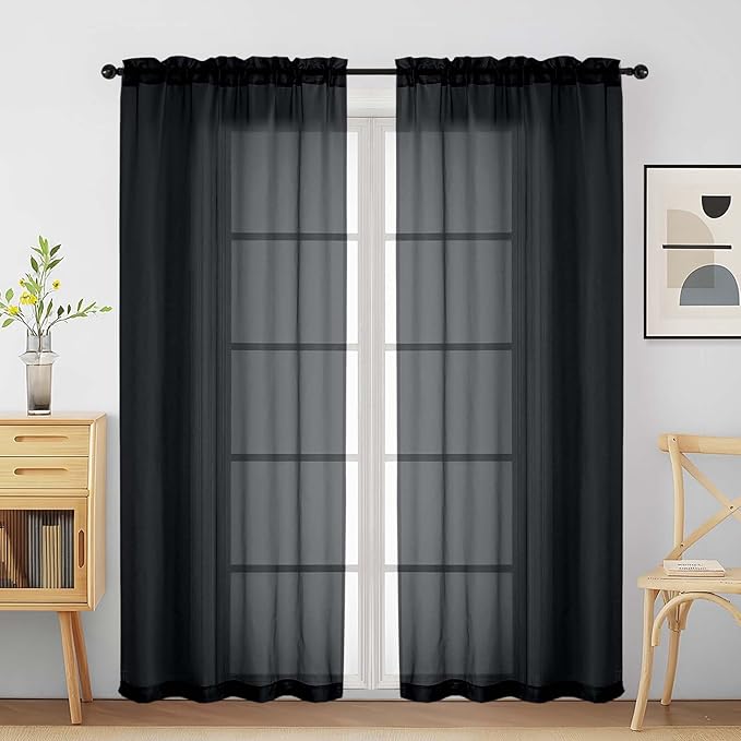 Halloween Black Sheer Curtains for Window 72 inches Long 2 Panels Set, Soft Airy Light Filtering Sheer Curtains for Living Room Bedroom, Dual Rod Pocket Solid Window Drapes, 2x42Wx72L inches