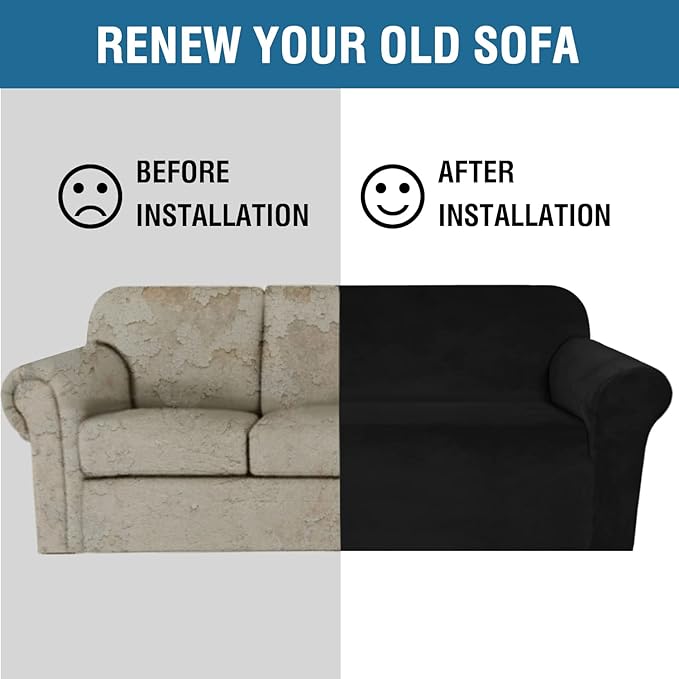 H.VERSAILTEX 1 Peice Stretch Velvet Sofa Covers for 3 Cushion Couch Covers Sofa Slipcovers Furniture Protector Soft, Crafted from Thick Comfy Rich Velour (Sofa 72"-90", Black)