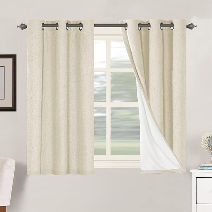 H.VERSAILTEX 100% Blackout Curtains for Bedroom Thermal Insulated Linen Textured Curtains Heat and Full Light Blocking Drapes Living Room Curtains 2 Panel Sets, 42x45 Inch, Bleached Sand