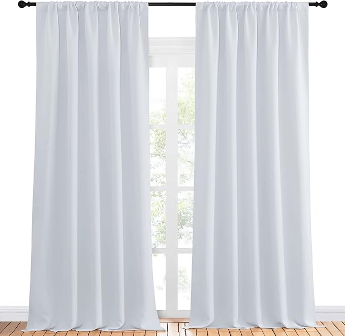 NICETOWN Greyish White Bedroom Curtain Panels - Multi-Function Noise Reducing Performance Window Treatment Thermal Insulated Room Darkening Drapes for Nursery (2 Panels, 52 in x 95 in (W x L))