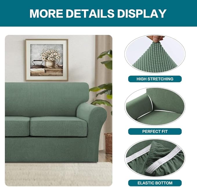 Turquoize 4 Piece Sofa Covers for 3 Cushion Couch Sofa Slipcover Soft Couch Cover for Dogs Washable Furniture Cover with 3 Individual Large Cushion Covers Feature Fabric (Large Sofa, Loden Frost)