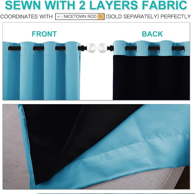 NICETOWN Insulated 100% Blackout Curtains, Noise Reducing Performance Drapes with Black Lining, Full Light Blocking Draperies for Overnight Shift Worker (Light Blue, 2 PCs, 52 inches x 95 inches)