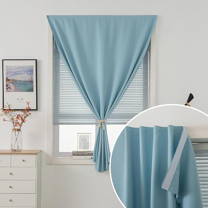 Self Adhesive Curtains, Black Out Shade for Window, Blackout Fabric Temporary Window Coverings Easy to Hang Curtains No Rod Needed, Use for Bedroom, Room, Kitchen, 47"W X 59"L, Lake Blue, 1 Panel