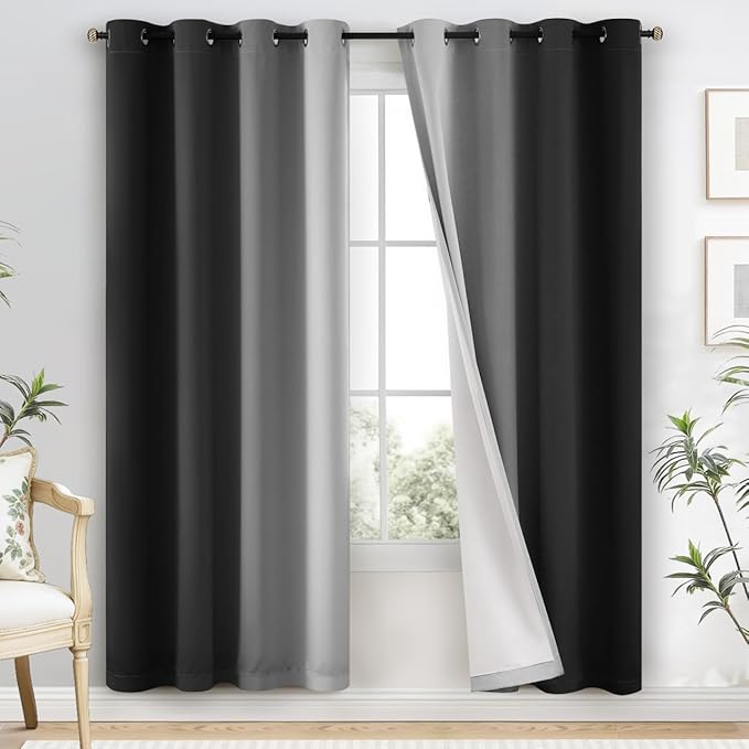 Yakamok 100% Blackout Curtains 72 Inch Length 2 Layers,Black Curtains for Bedroom Ombre Room Darkening Grommet Gradient Drapes, Light Blocking Thermal Insulated Window Curtains for Living Room