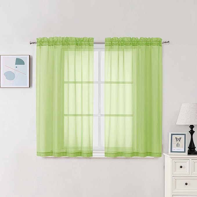 Chyhomenyc Sheer Curtains 54 Inch Long 2 Panels Set, Light Filtering Short Soft Airy Short Cafe Curtains, Modern Rod Pocket for Dinning Living Room Bedroom, Each 42Wx54L in, 2PCS, Lime
