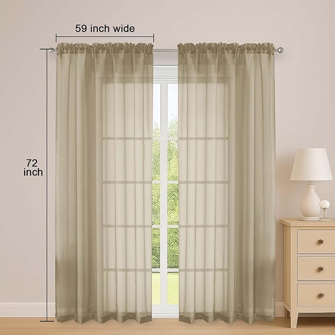 OWENIE Taupe Sheer Curtains 72 Inches Long 2 Panels Set, Transparent Voile Sheer Curtain for Living Room Bedroom Window Sliding Glass Door Treatment, 59 x 72 Inch, Taupe