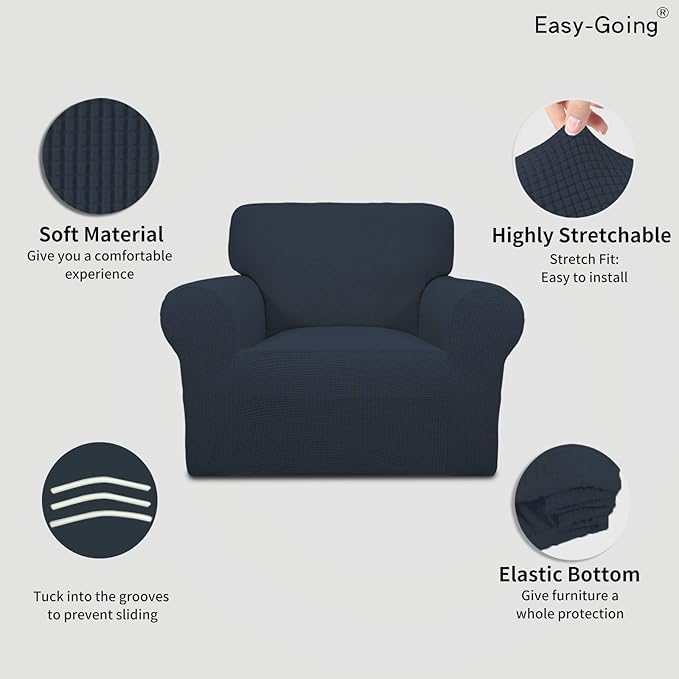 Easy-Going Stretch Chair Sofa Slipcover 1-Piece Couch Sofa Cover Furniture Protector Soft with Elastic Bottom for Kids, Pet. Spandex Jacquard Fabric Small Checks (Chair, Dark Blue)