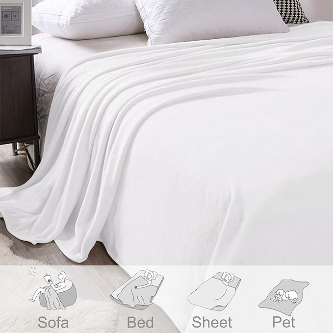 Exclusivo Mezcla Fleece Blankets Queen Size for Bed, Super Soft and Warm, All Season, Cozy, Plush, Lightweight, 90x90 Inches, Pure White