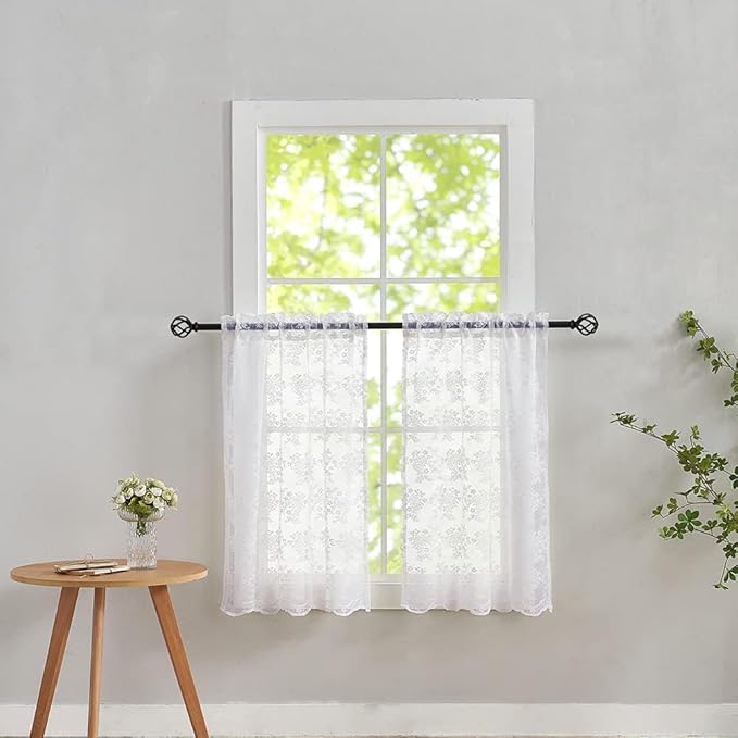 YJ YANJUN Vintage Lace Curtains 30 Inch Length Pair Short White Sheer Kitchen Cafe Curtains, Scalloped Half Window Tiers, Mini Front Door for Small Window Privacy, Desk Cabinet 26" x 30" White