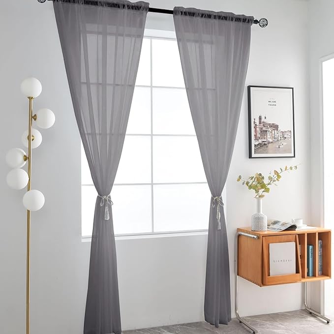 SpaceDresser Grey Sheer Curtains 4 Panels Rod Pocket Semi-Sheer Curtain 84 Inches Long Light Filtering Voile Window Drapes for Bedroom Living Room Kitchen, Each 52W x 84L