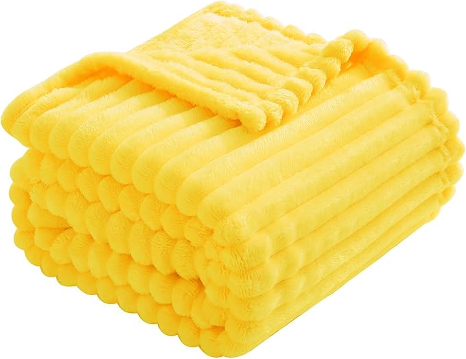 Bright Yellow Fleece Throw Blanket 90”×90” for Couch Sofa Bed,Super Soft Cozy Plush Microfiber Flannel Blanket with Stripes Design Lightweight for Adults,Woman,Girls