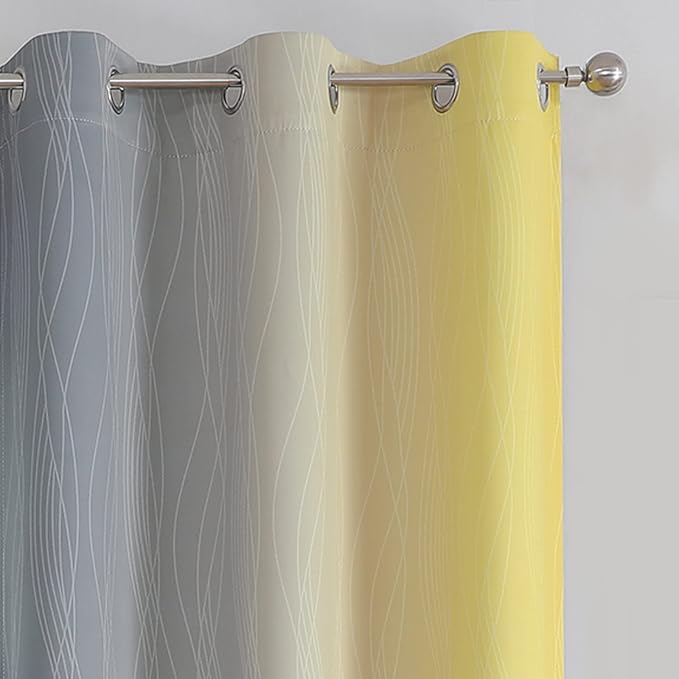 Grey and Yellow Blackout Curtains 84 Inch Length 2 Panels Set, 100% Blackout Curtains for Living Room, Thermal Insulated Gradient Drapes, Full Light Blocking Ombre Curtains for Boys Bedroom,42x84Inch