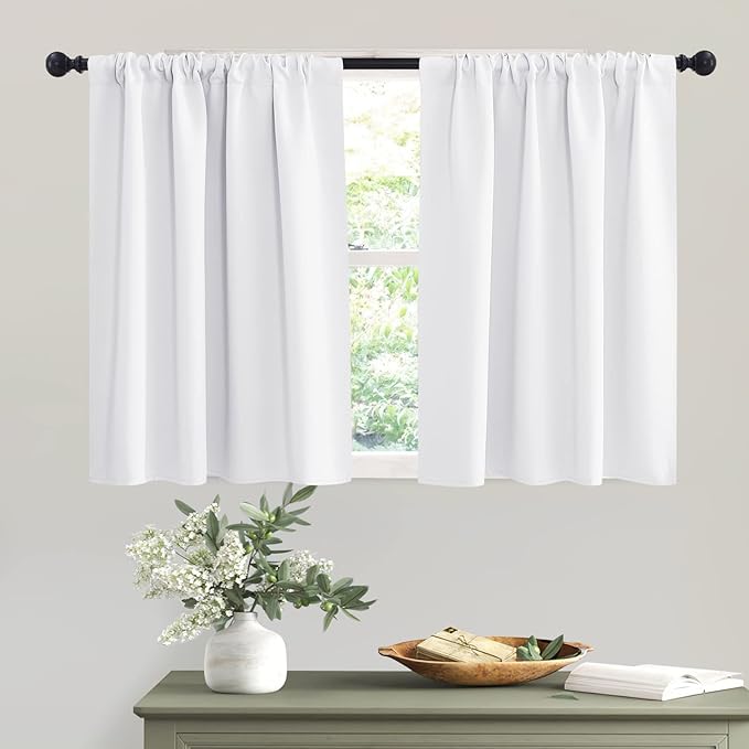 RYB HOME Short Pure White Curtains for Small Bedroom Window, Insulating UV Blocking Drapes for Kitchen Cafe Basement Garage, Privacy Tiers for Bathroom Window, Width 42 by Length 36, Set of 2