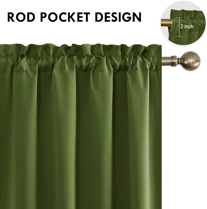 DWCN Blackout Curtains for Living Room Thermal Insulated, Energy Saving & Noise Reducing Bedroom Curtains, Olive Green, W 52x L 36 Inch, Set of 2 Rod Pocket Curtain Panels