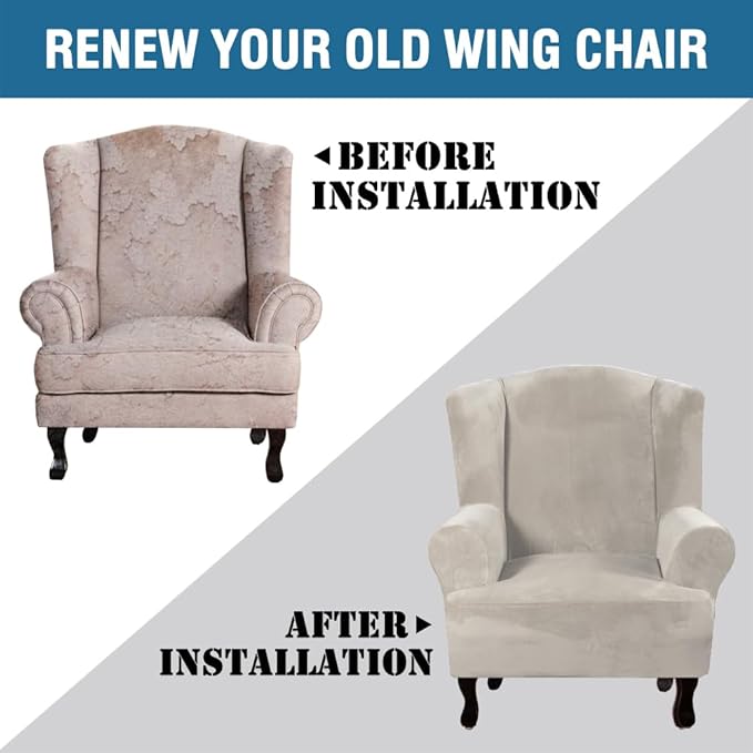 H.VERSAILTEX Wingback Chair Covers Velvet Plush Wing Chair Slipcover 1 Piece High Stretch Wing Back Chair Slipcovers Sofa Cover Furniture Cover with Elastic Bottom, Oatmeal