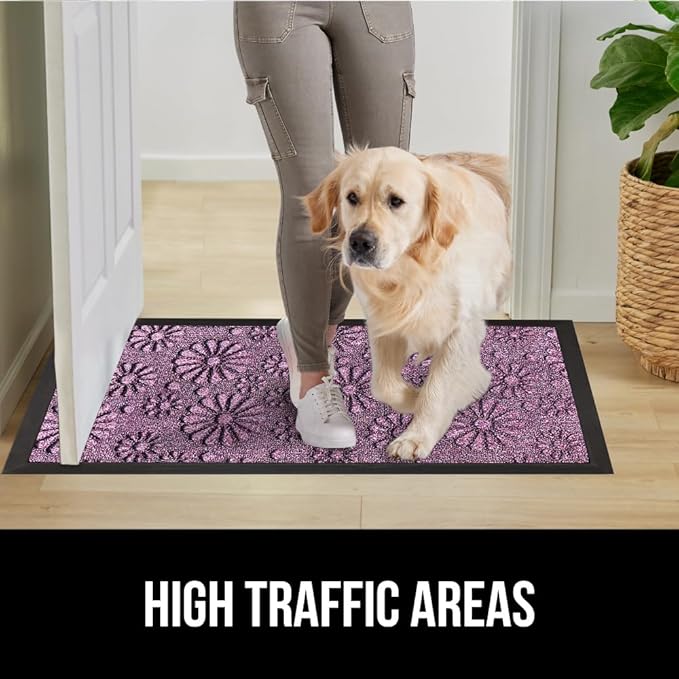 GORILLA GRIP 100% Waterproof All-Season WeatherMAX Doormat, 23x35, Durable Natural Rubber, Stain and Fade Resistant, Low Profile, Indoor Outdoor Doormats, Easy Clean Entry Mat, Purple Confetti Daisy