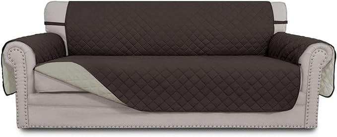 Easy-Going 4 Seater Sofa Slipcover Reversible Sofa Cover Water Resistant Couch Cover with Foam Sticks Elastic Straps Furniture Protector for Pets Children Dog Cat (XX-Large, Chocolate/Beige)