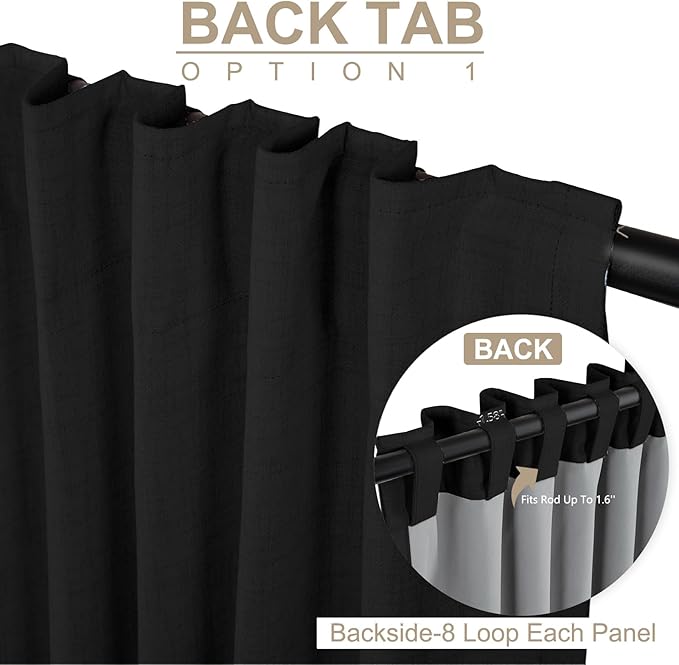 100% Blackout Shield Linen Blackout Curtains for Bedroom 102 Inches Long, Back Tab/Rod Pocket Living Room Drapes, Thermal Insulated Blackout Curtains 2 Panels Set, 50" W x 102" L, Black