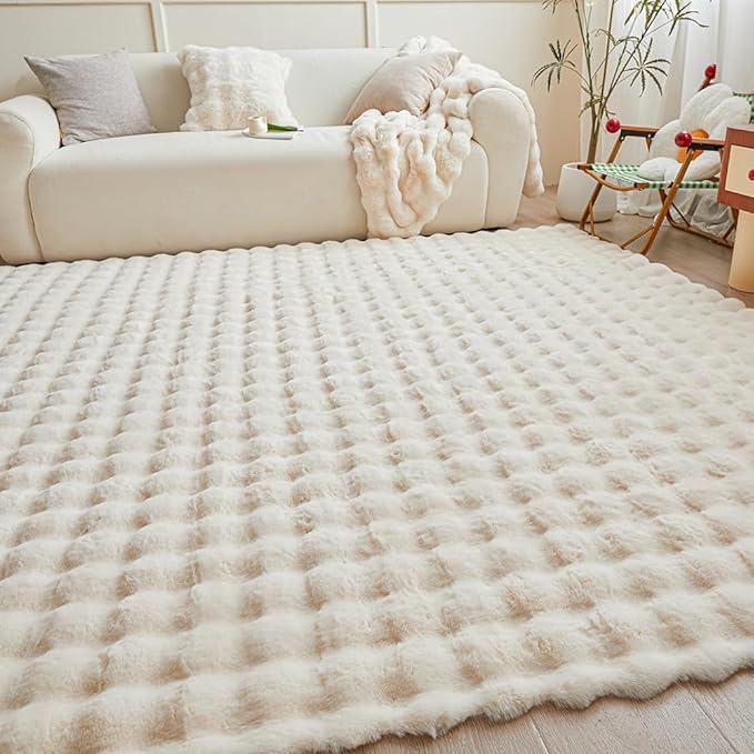 Creamy White Rabbit Plush Rug 8'x10', Fluffy Faux Fur Shaggy Area Rug for Nursery, Kids Room Decor, Soft Fuzzy Carpet for Living Room, Bedroom, Teen Girls Room