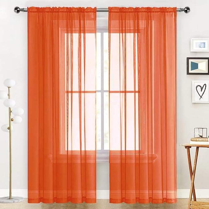 SpaceDresser Sheer Voile Window Treatment Rod Pocket Curtain Panels for Kitchen Bedroom Living Room Drapes Sunlight Filtering Privacy Semi Home Decor Assorted (Burnt Orange, 52 W x 108 L)