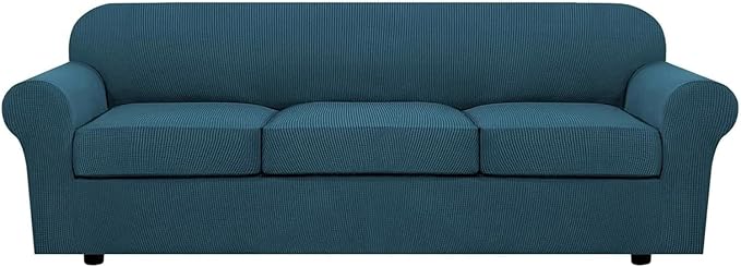 H.VERSAILTEX 4 Piece Stretch Sofa Covers for 3 Cushion Couch Covers for Living Room Furniture Slipcovers (Base Cover Plus 3 Seat Cushion Covers) Thicker Jacquard Fabric (Large Sofa, Deep Teal)
